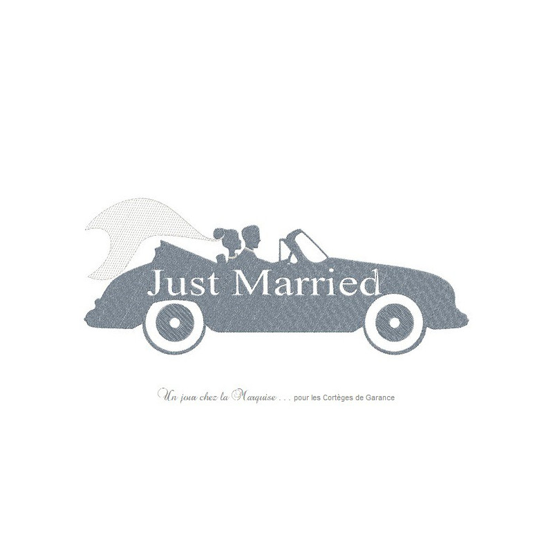 Motif broderie machine couple mariés en voiture inscription just married
