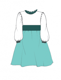 Robe taille haute à col frou-frou et manches longues bouffantes.