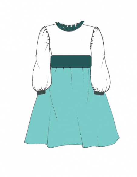 Robe taille haute à col frou-frou et manches longues bouffantes.