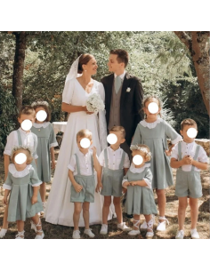 Patron de robe de cortège, taille haute, col volanté, manches tours-quart et jupe à 3 plis creux. 2