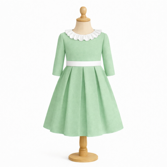 Macadamia - Robe taille haute manches 3/4 à col volanté...