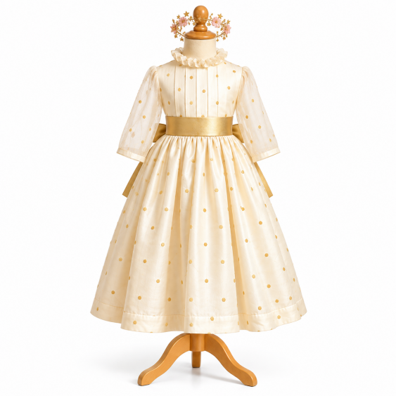 Patron robe de princesse enfant ivoire à pois dorés, manches en voile de soie, ceinture dorée et couronne d’étoiles